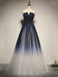 Navy Blue Tulle A-line Strapless Long Evening Prom Dresses, Cheap Custom Prom Dress, MR8039
