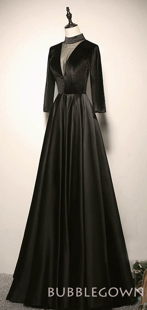 Long Sleeves Black Satin V-ncek Long Mermaid Evening Prom Dresses, Cheap Custom Prom Dress, MR8040