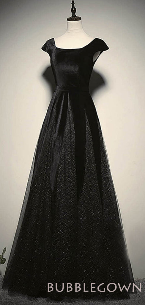 A-line Black Satin Sequin Scoop Long Mermaid Evening Prom Dresses, Cheap Custom Prom Dress, MR8041