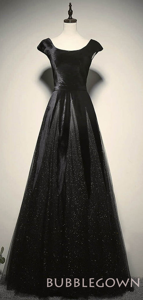 A-line Black Satin Sequin Scoop Long Mermaid Evening Prom Dresses, Cheap Custom Prom Dress, MR8041