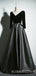 Long Sleeves Black Satin/Velvet  V-ncek Long Evening Prom Dresses, Cheap Custom Prom Dress, MR8042