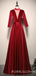 Deep V-ncek Burgundy Satin Long Sleeves Long Evening Prom Dresses, Cheap Custom Prom Dress, MR8043