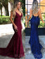 Burgundy Lace Mermaid Spaghetti Straps Long Backless Evening Prom Dresses, MR8045