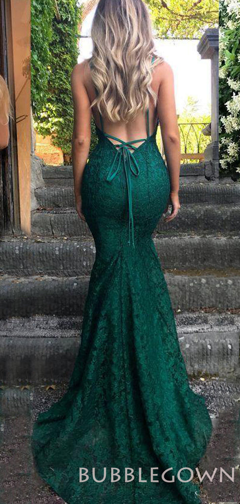 Burgundy Lace Mermaid Spaghetti Straps Long Backless Evening Prom Dresses, MR8045