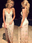 Champagne Tulle Appliques Spaghetti Straps Lace Long Evening Prom Dresses, MR8047