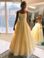 A-line Yellow Tulle Spaghetti Straps Appliques Long Evening Prom Dresses, MR8049