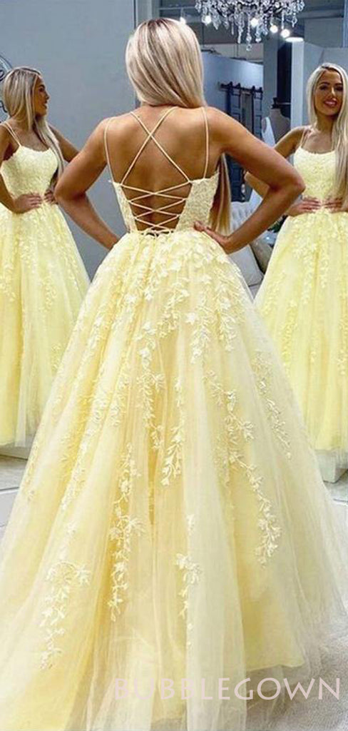 A-line Yellow Tulle Spaghetti Straps Appliques Long Evening Prom Dresses, MR8049