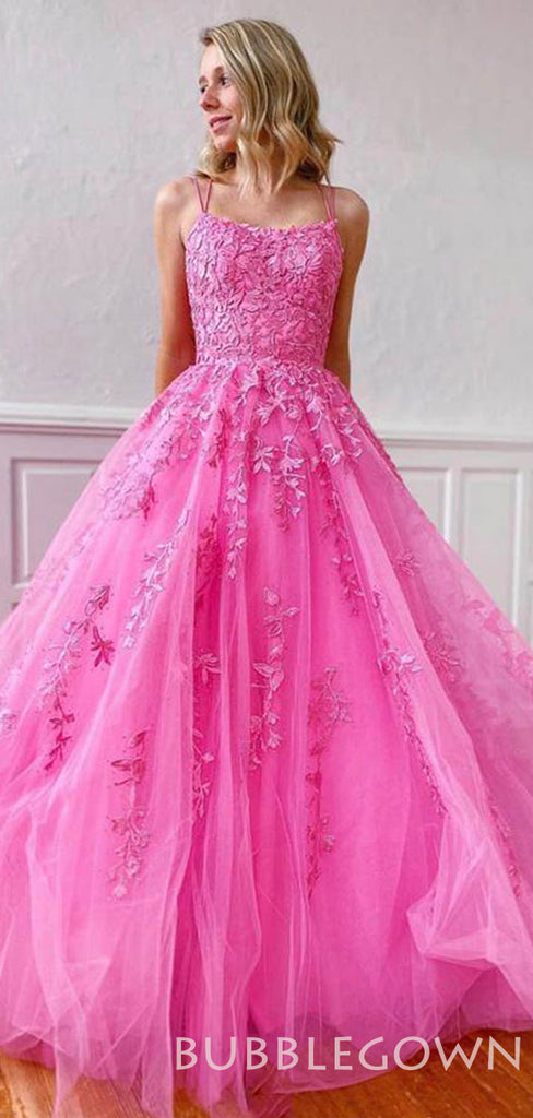 A-line Yellow Tulle Spaghetti Straps Appliques Long Evening Prom Dresses, MR8049