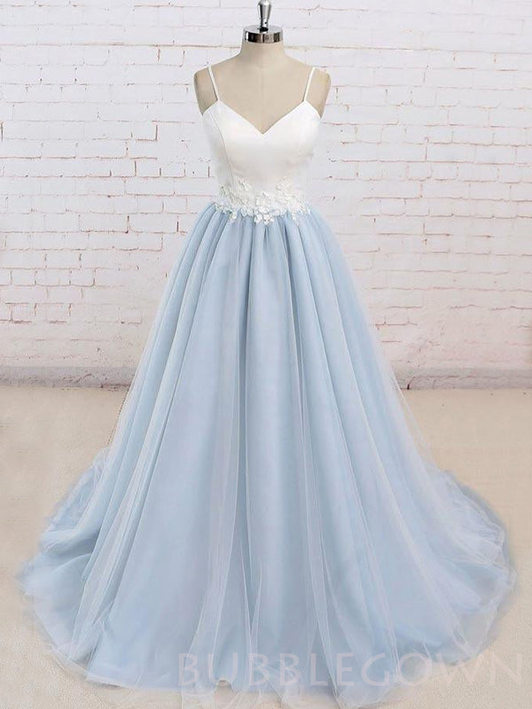 Spaghetti Straps Sweep Train Backless Light Blue Tulle Long Evening Prom Dresses, Cheap Custom Prom Dress, MR8052