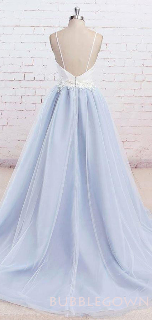 Spaghetti Straps Sweep Train Backless Light Blue Tulle Long Evening Prom Dresses, Cheap Custom Prom Dress, MR8052