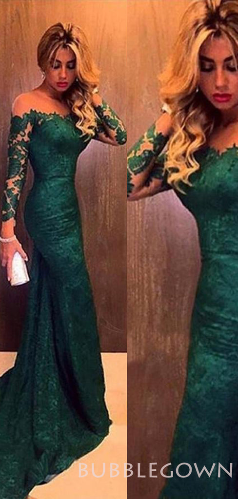 Off Shoulder Dark Green Lace Mermaid Long Evening Prom Dresses, MR8053