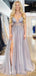 A-line See Through Tulle Beaded Long Spaghetti Straps Evening Prom Dresses, MR8058
