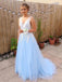 Elegant Blue Tulle A Line V Neck Lace Long Evening Prom Dresses, Cheap Custom V Back Prom Dress, MR8059