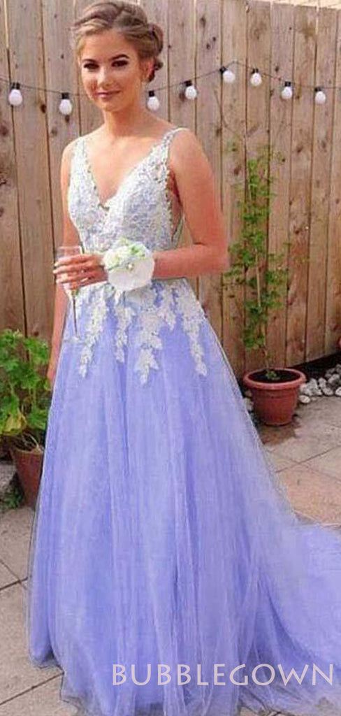 Elegant Blue Tulle A Line V Neck Lace Long Evening Prom Dresses, Cheap Custom V Back Prom Dress, MR8059