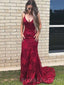 Spaghetti Straps Burgundy Lace Mermaid Long Backless Evening Prom Dresses, MR8060