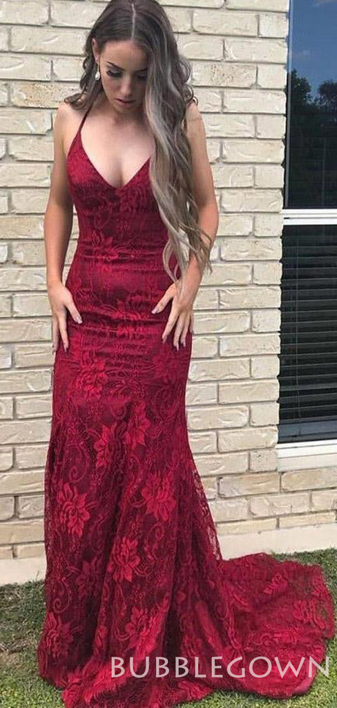 Spaghetti Straps Burgundy Lace Mermaid Long Backless Evening Prom Dresses, MR8060