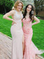 Pink Tulle Appliques Spaghetti Straps Lace Long Mermaid Evening Prom Dresses, MR8062