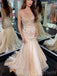 Champagne Gold Tulle Beaded Sparkly Long Mermaid Evening Prom Dresses, MR8067