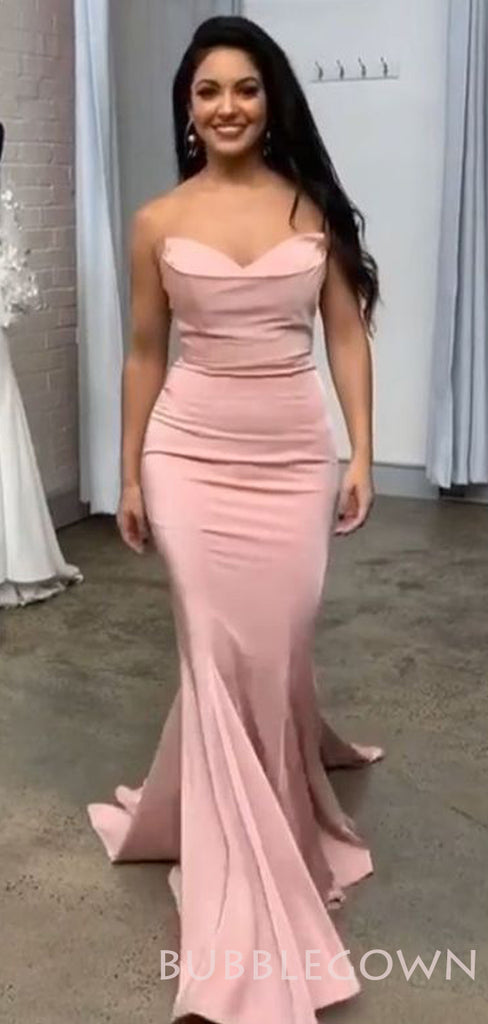 Pink Satin Mermaid Strapless Long Sweetheart Evening Prom Dresses, Cheap Custom prom dresses, MR8070