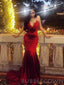 Mermaid Burgundy Satin Spaghetti Straps Appliques Long V-neck Evening Prom Dresses, Cheap Custom Prom Dresses, MR8072