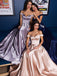 Off Shoulder A-line Satin Long Evening Prom Dresses With Pocket , MR8079