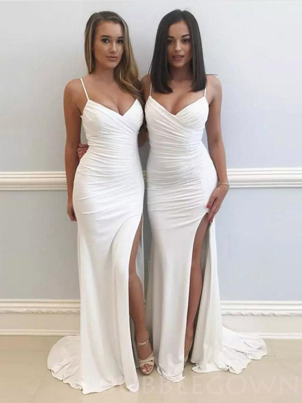 Mermaid White Chiffon Spaghetti Straps Long Evening Prom Dresses, Beach Wedding Dresses, MR8083