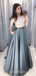 Off Shoulder A-line Satin Lace Long Two Pieces Evening Prom Dresses With Pocket , MR8084