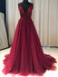 A-line Burgundy Tulle Beaded Long Evening Prom Dresses, MR8087