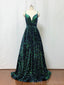 A-line Green Sequin Spaghetti Straps Long Evening Prom Dresses, MR8088