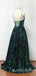 A-line Green Sequin Spaghetti Straps Long Evening Prom Dresses, MR8088