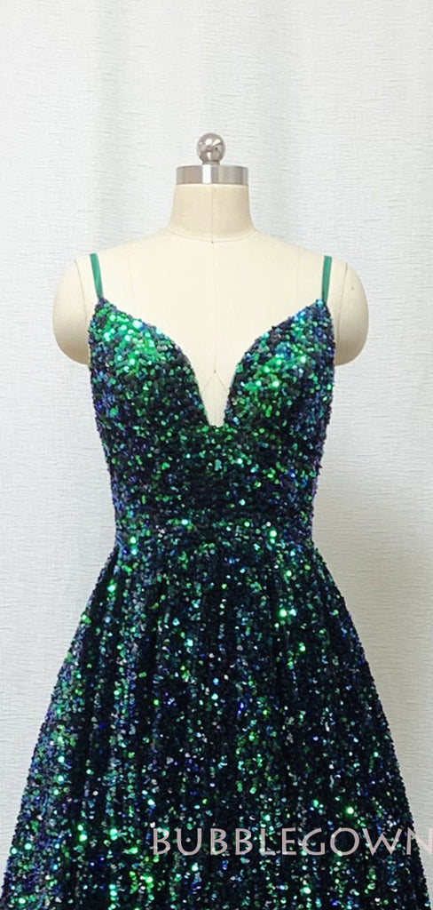 A-line Green Sequin Spaghetti Straps Long Evening Prom Dresses, MR8088