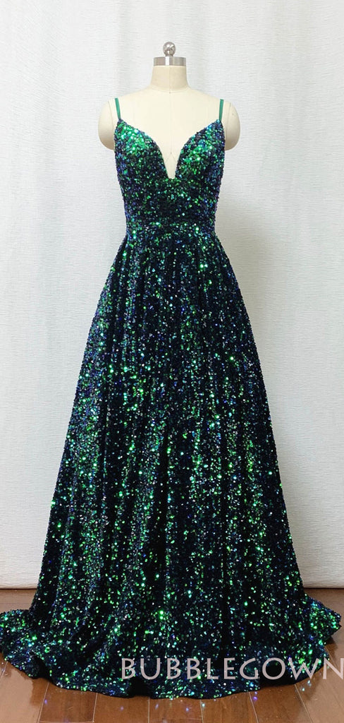 A-line Green Sequin Spaghetti Straps Long Evening Prom Dresses, MR8088