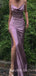 Sheath Purple Satin Spaghetti Straps Long Cowl Neck Evening Prom Dresses, MR8091