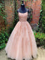 A-line Pink Tulle Appliques Spaghetti Straps Long Evening Prom Dresses, MR8092