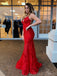 Deep V-neck Red Lace Spaghetti Straps Long Mermaid Evening Prom Dresses, MR8099