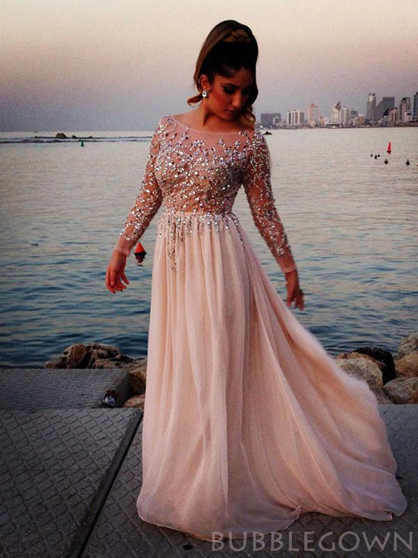 Sexy See Throuth Long Sleeves Chiffon Long Beaded Evening Prom Dresses, MR8100