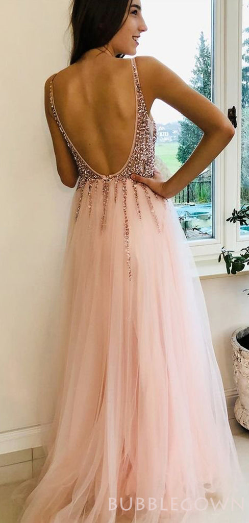 Deep V-neck A-line Tulle Long Beaded Evening Prom Dresses, MR8103