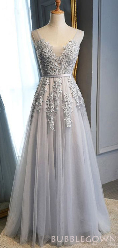 A-line Grey Tulle Appliques V-neck Long Evening Prom Dresses, MR8108