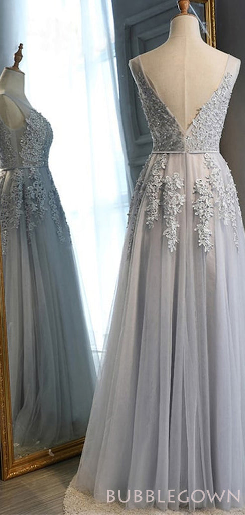 A-line Grey Tulle Appliques V-neck Long Evening Prom Dresses, MR8108