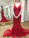 Red Satin Spaghetti Straps Appliques Long Mermaid Evening Prom Dresses, MR8114