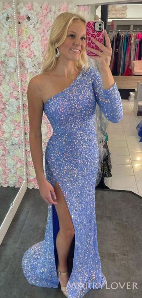 Long Sleeves One Shoulder Silver Sequin Mermaid Long Evening Prom Dresses, Cheap Custom Prom Dresses, MR8118