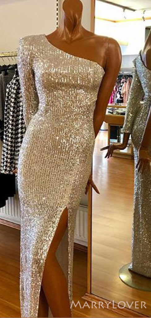 Long Sleeves One Shoulder Silver Sequin Mermaid Long Evening Prom Dresses, Cheap Custom Prom Dresses, MR8118