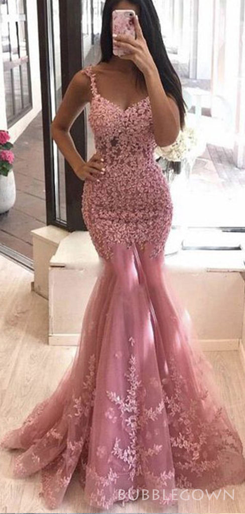 Mermaid Fuchsia Tulle Appliques Spaghetti Straps Long lace Evening Prom Dresses, MR8122