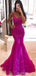 Mermaid Fuchsia Tulle Appliques Spaghetti Straps Long lace Evening Prom Dresses, MR8122