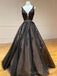 A-line Black Tulle Appliques V-neck Long Evening Prom Dresses, MR8124