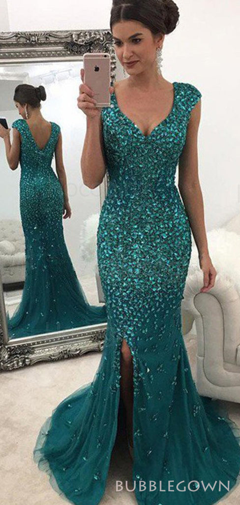 Mermaid peacock Tulle Scoop Long Beaded Evening Prom Dresses, MR8125