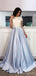 Two Pieces A-line Sky Blue Satin Lace Long Evening Prom Dresses , MR8131