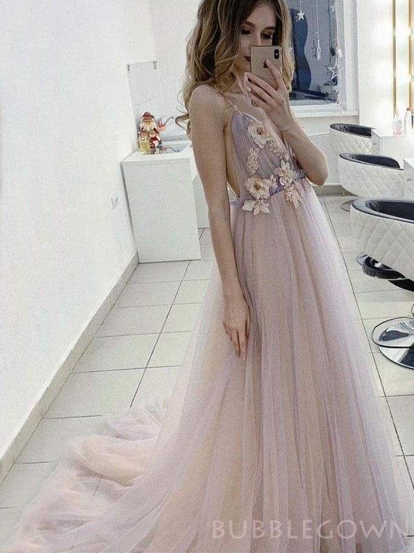 Spaghetti Straps A-line Tulle Appliques Long V-neck Evening Prom Dresses, MR8132