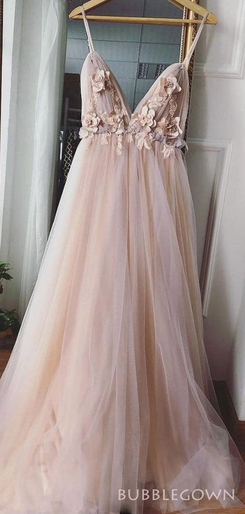 Spaghetti Straps A-line Tulle Appliques Long V-neck Evening Prom Dresses, MR8132