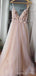 Spaghetti Straps A-line Tulle Appliques Long V-neck Evening Prom Dresses, MR8132